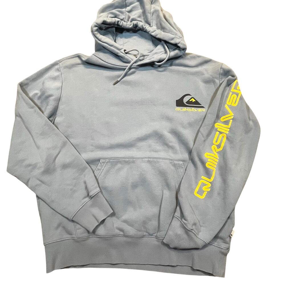 Quiksilver Men’s Medium Blue Pullover‎ Hoodie Logo Sleeve Surf Skate Y2K